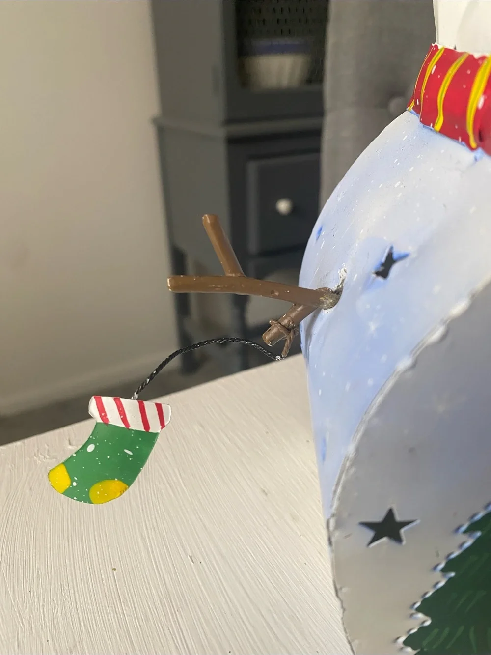 Hand-Painted Metal Snowman Holiday Lantern with Red Scarf Candle Holder